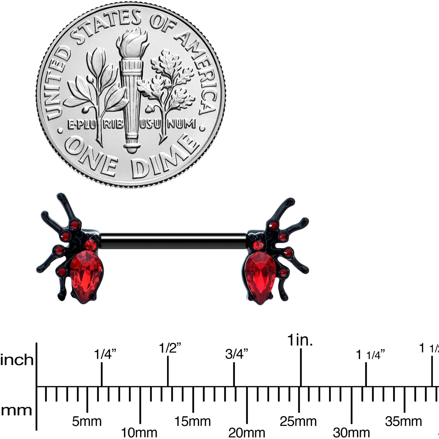 14G Red Gem Black Creep Spider Halloween Barbell Nipple Ring Set