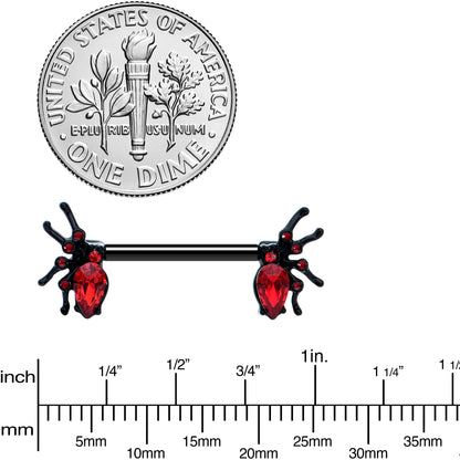 14G Red Gem Black Creep Spider Halloween Barbell Nipple Ring Set