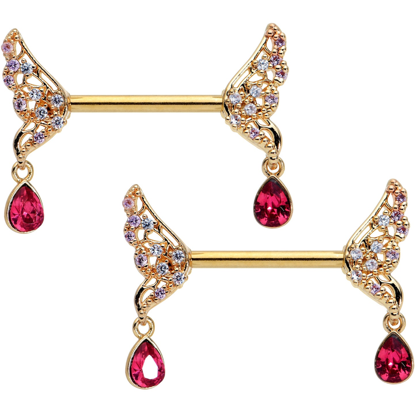 14G 9/16 Red Gem Gold Tone Wing Dangle Barbell Nipple Ring Set