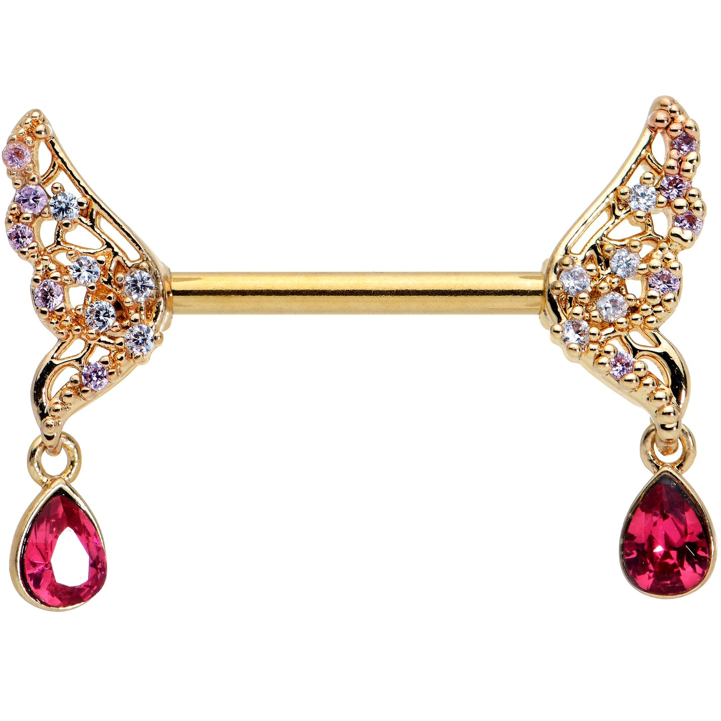 14G 9/16 Red Gem Gold Tone Wing Dangle Barbell Nipple Ring Set