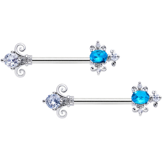 14G 9/16 Clear Blue Gem Renaissance Cross Barbell Nipple Ring Set