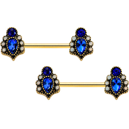 14G 9/16 Clear Blue Gem Gold Tone Heirloom Drop Nipple Ring Set