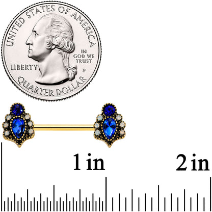 14G 9/16 Clear Blue Gem Gold Tone Heirloom Drop Nipple Ring Set