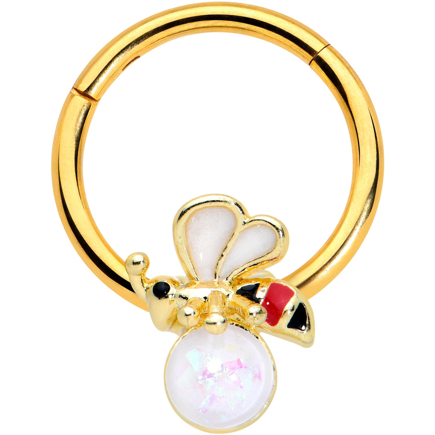 16G 3/8 White Faux Opal Gold Tone Insect Hinged Segment Ring