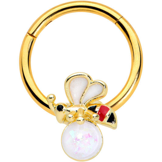 16G 3/8 White Faux Opal Gold Tone Insect Hinged Segment Ring