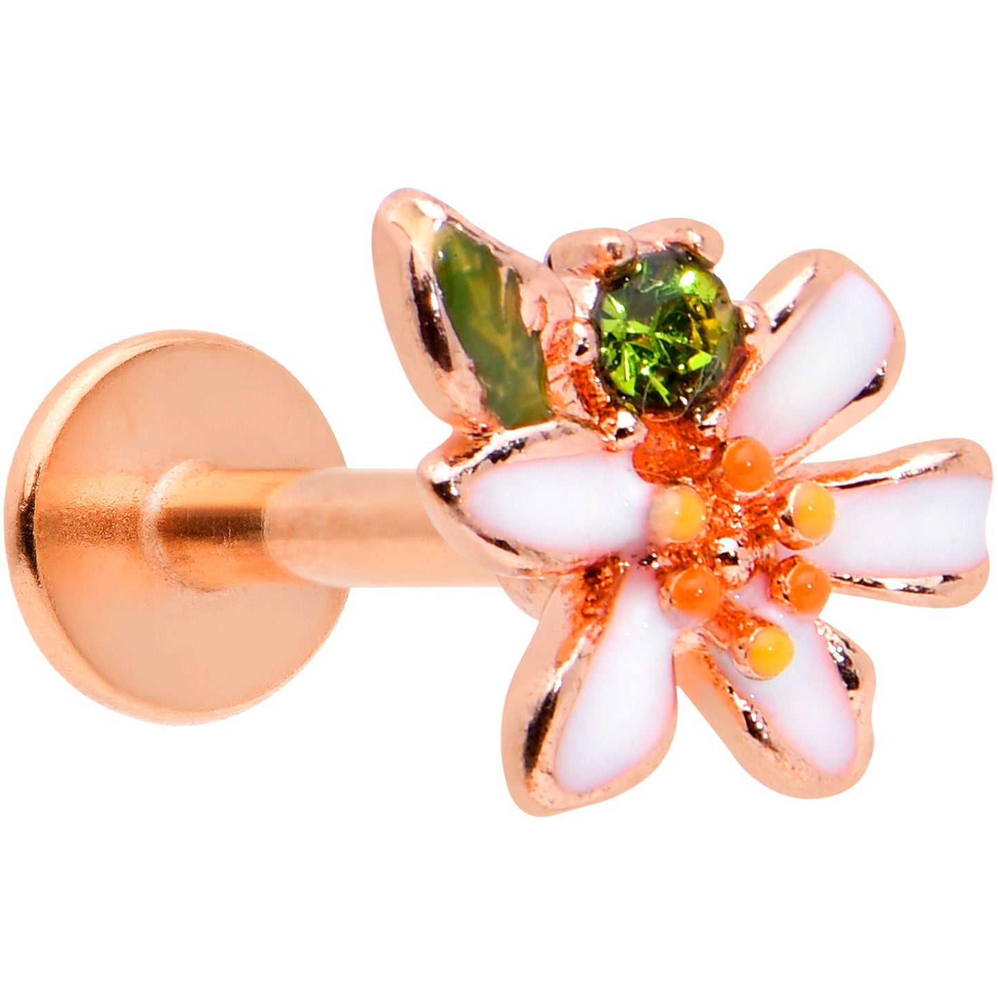 16G 1/4 Green CZ Gem Rose Gold Tone Bold Flower Labret Tragus