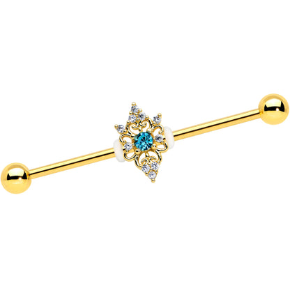 14G Clear Blue Gem Gold Tone Royal Heart Industrial barbell 38mm