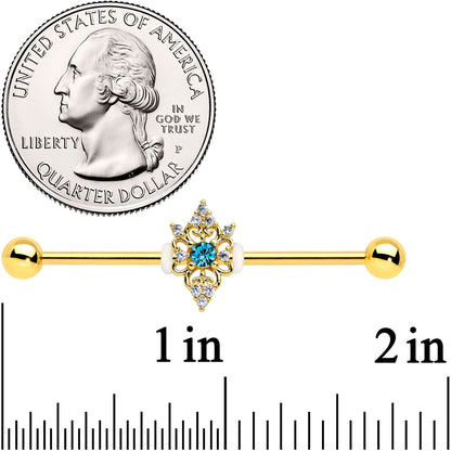 14G Clear Blue Gem Gold Tone Royal Heart Industrial barbell 38mm