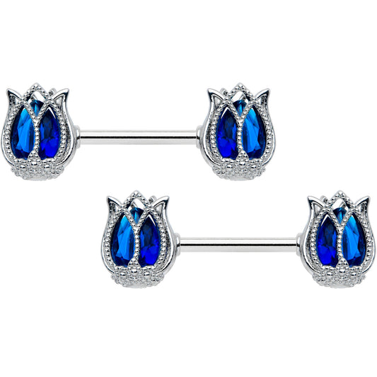 14G 9/16 Blue Gem Tulip Flower Barbell Nipple Ring Set