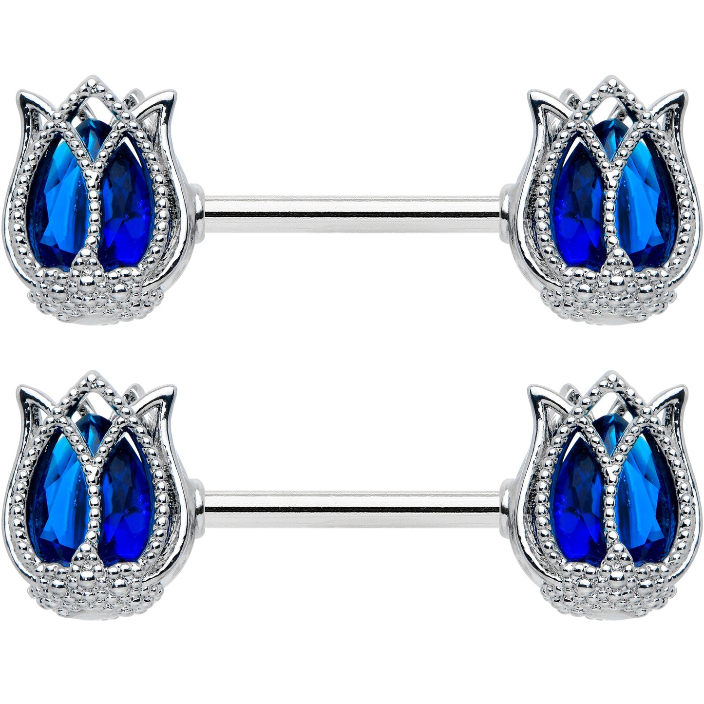 14G 9/16 Blue Gem Tulip Flower Barbell Nipple Ring Set