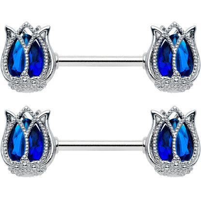 14G 9/16 Blue Gem Tulip Flower Barbell Nipple Ring Set