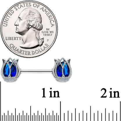 14G 9/16 Blue Gem Tulip Flower Barbell Nipple Ring Set