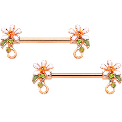 14G 9/16 Green Gem Rose Gold Tone Orange Flower Nipple Ring Set