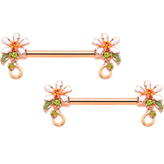 14G 9/16 Green Gem Rose Gold Tone Orange Flower Nipple Ring Set