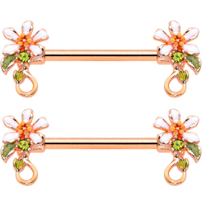 14G 9/16 Green Gem Rose Gold Tone Orange Flower Nipple Ring Set