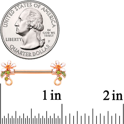 14G 9/16 Green Gem Rose Gold Tone Orange Flower Nipple Ring Set