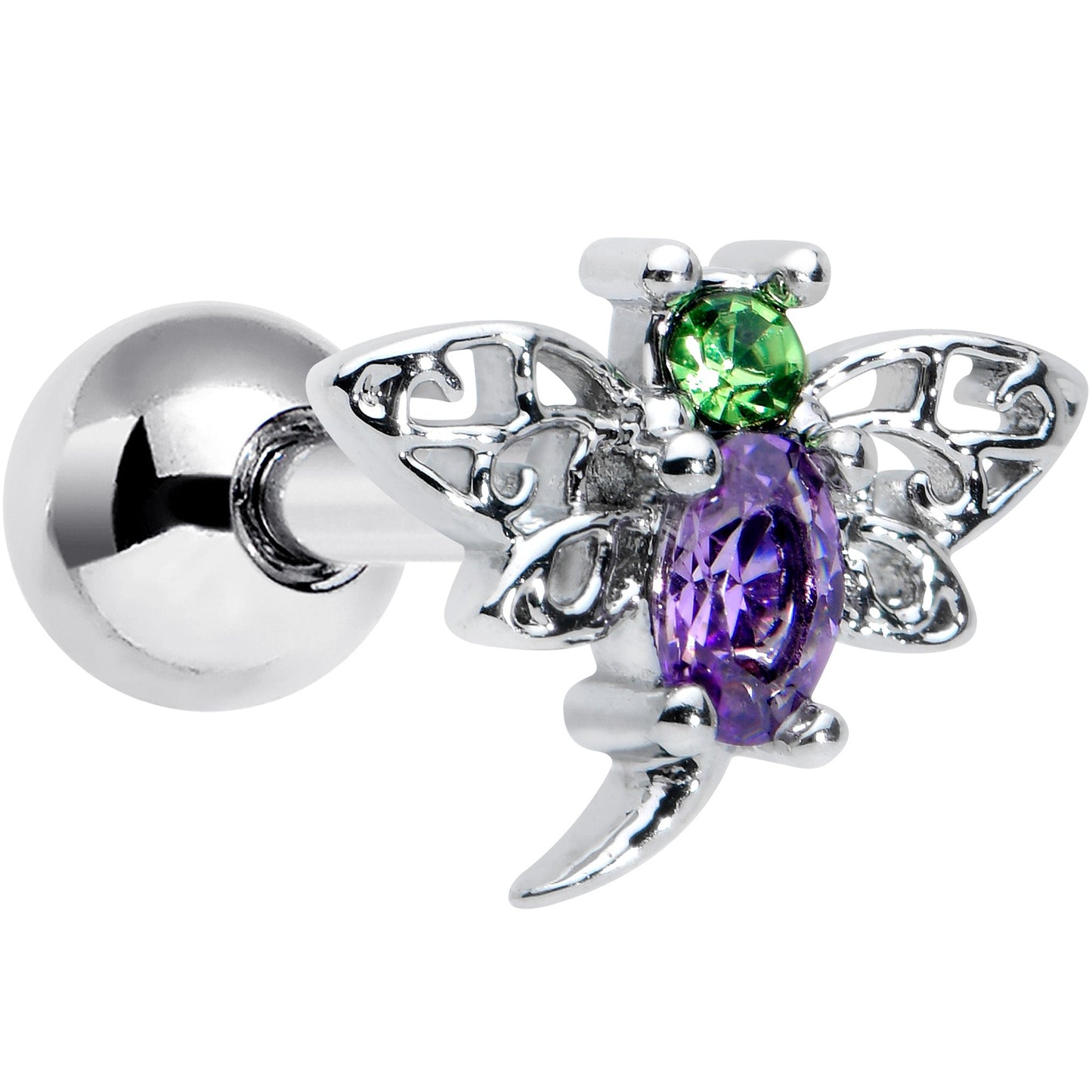 16G 1/4 Green Purple Gem Dragonfly Cartilage Tragus Earring
