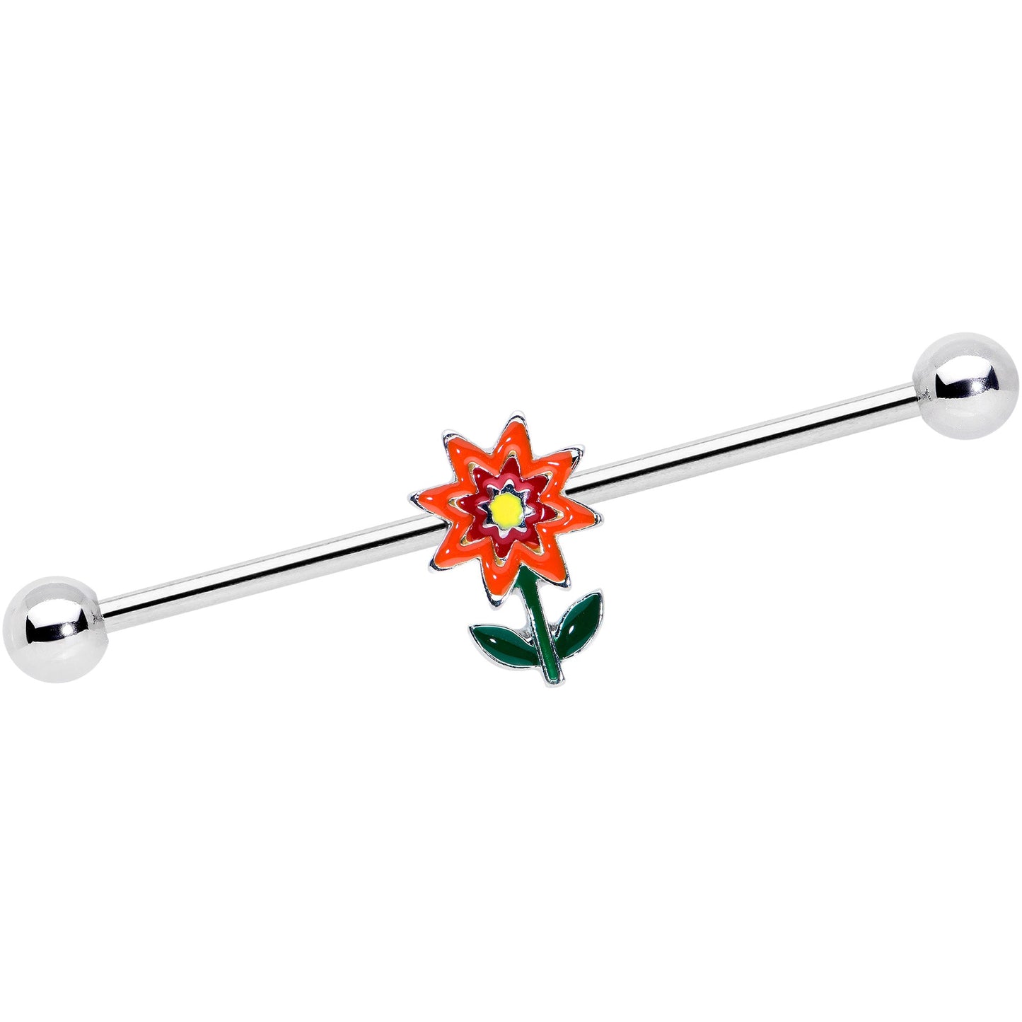 14G Red Orange Yellow Fanciful Flower Industrial Barbell 38mm