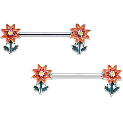 14G 9/16 Red Orange Fanciful Flower Barbell Nipple Ring Set