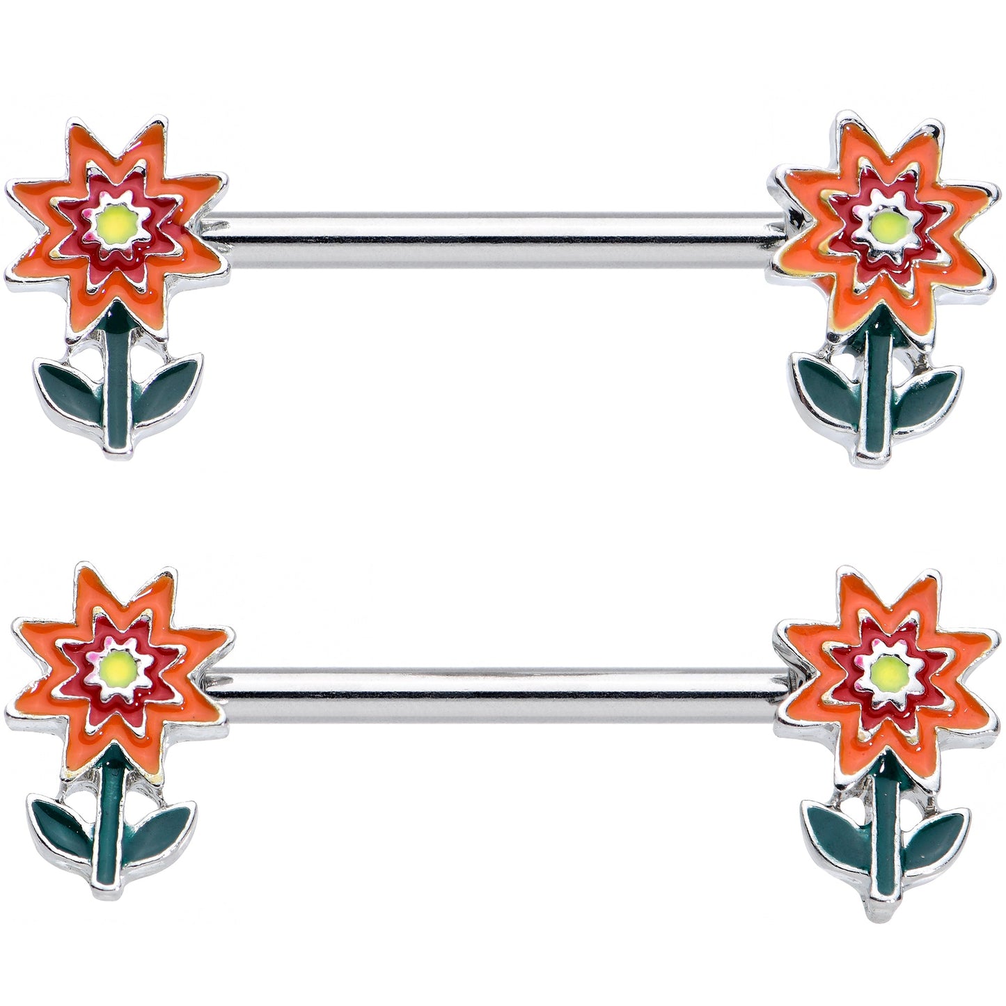 14G 9/16 Red Orange Fanciful Flower Barbell Nipple Ring Set