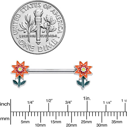 14G 9/16 Red Orange Fanciful Flower Barbell Nipple Ring Set