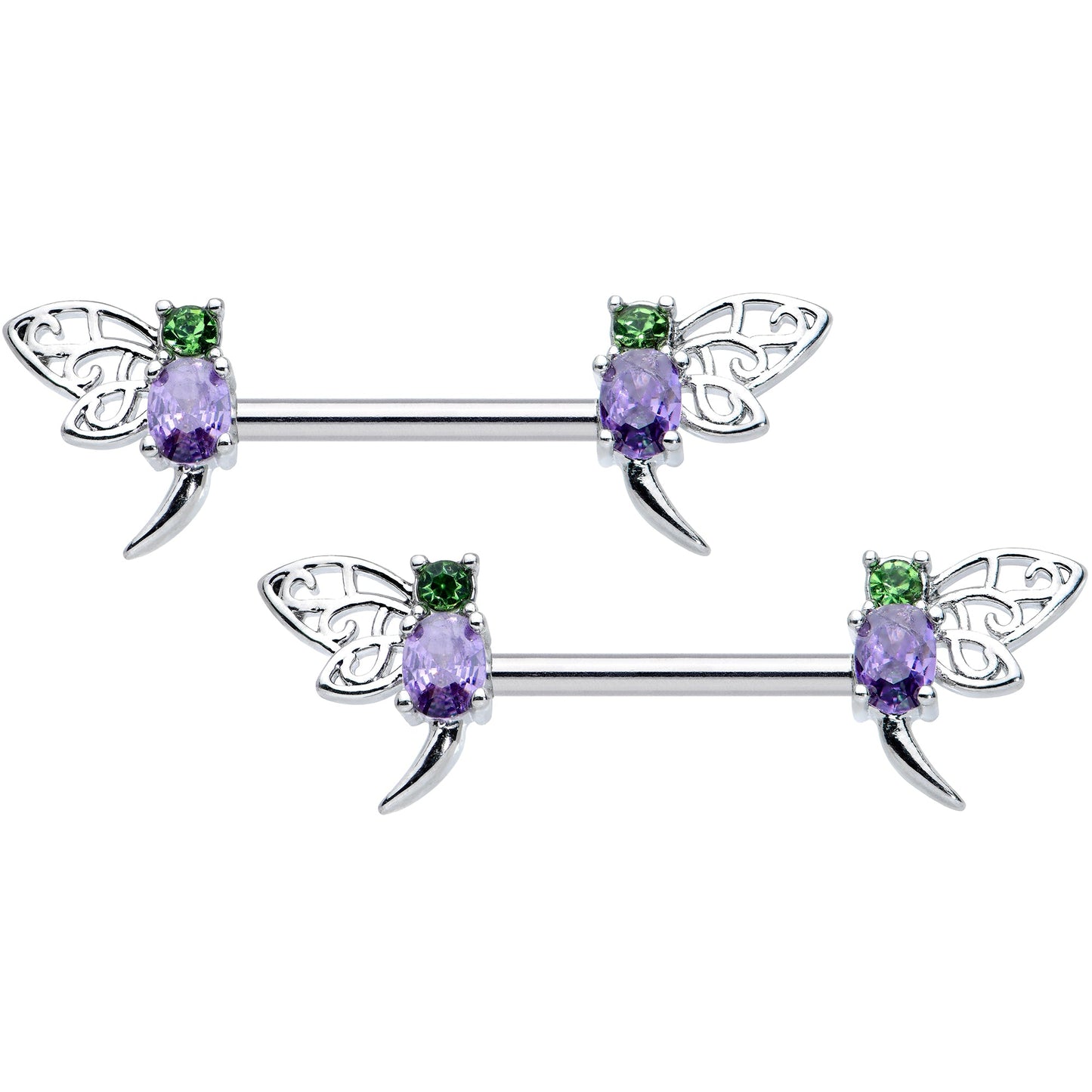 14G 9/16 Purple Green Gem Dragonfly Barbell Nipple Ring Set
