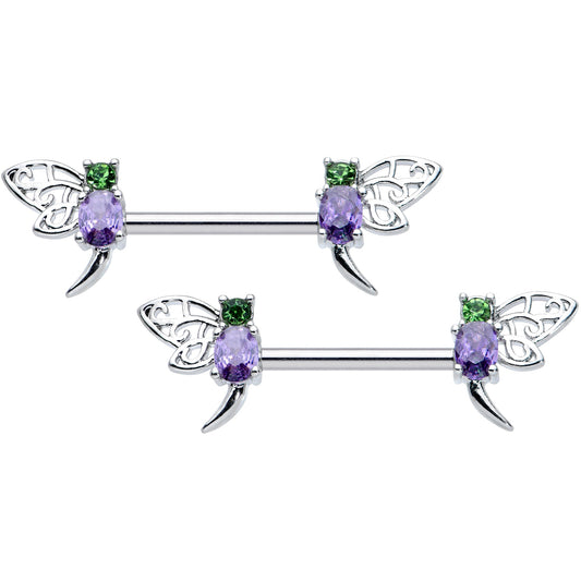 14G 9/16 Purple Green Gem Dragonfly Barbell Nipple Ring Set