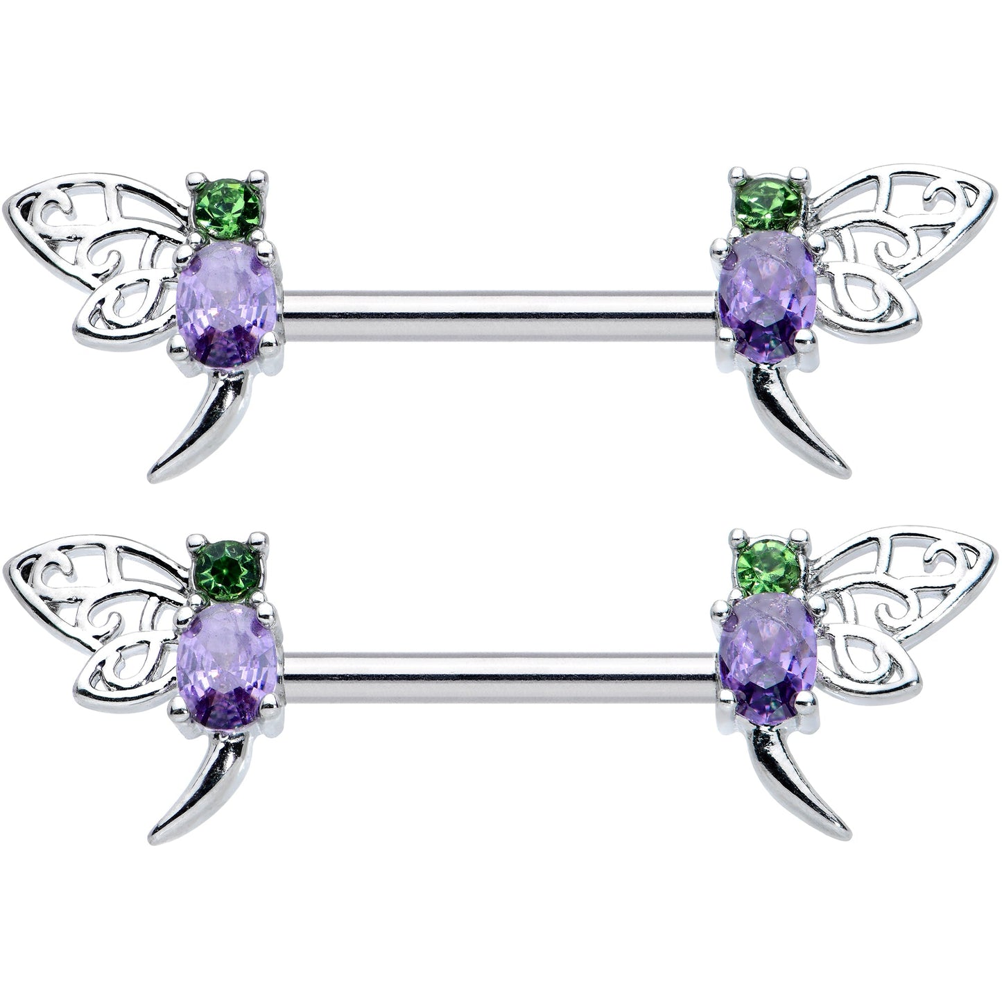 14G 9/16 Purple Green Gem Dragonfly Barbell Nipple Ring Set