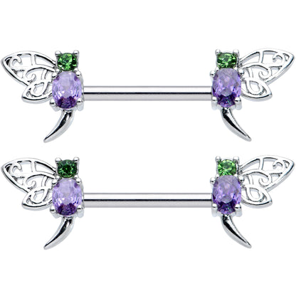 14G 9/16 Purple Green Gem Dragonfly Barbell Nipple Ring Set