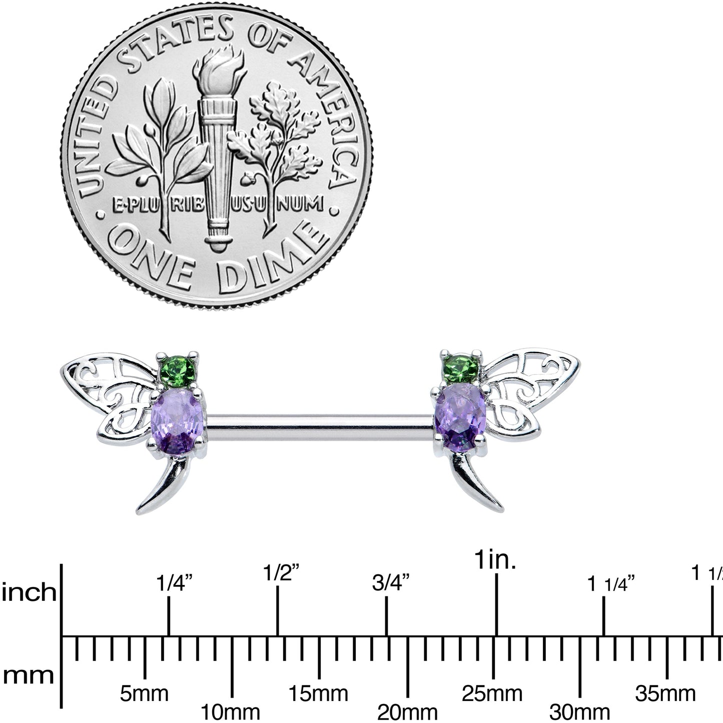 14G 9/16 Purple Green Gem Dragonfly Barbell Nipple Ring Set