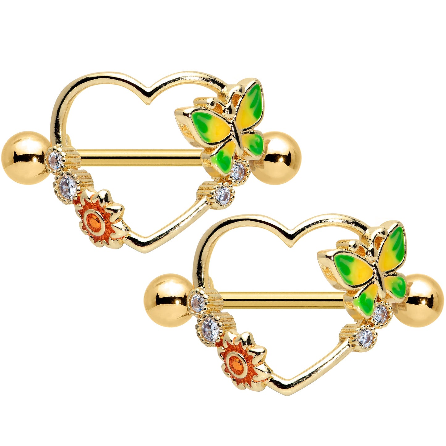 14G 9/16 Clear CZ Gem Gold Tone Butterfly Heart Nipple Shield Set