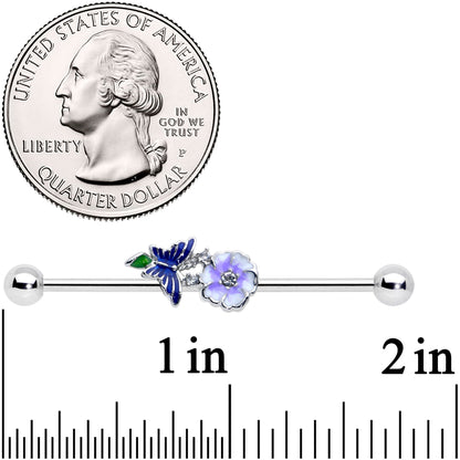 14G Clear CZ Gem Flower Blue Butterfly Industrial Barbell 38mm