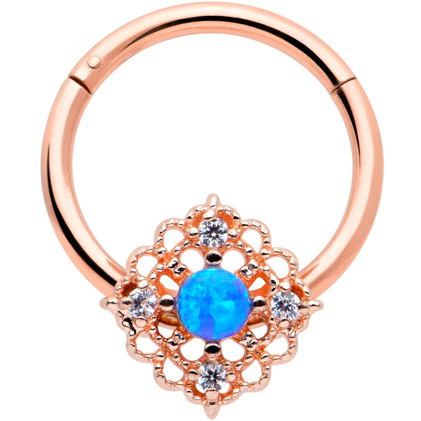 16G 3/8 Blue Synthetc Opal Rose Gold Hue Lacy Hinged Segment Ring