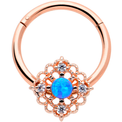 16G 3/8 Blue Synthetc Opal Rose Gold Hue Lacy Hinged Segment Ring