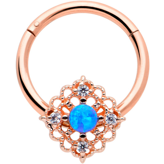 16G 3/8 Blue Synthetc Opal Rose Gold Hue Lacy Hinged Segment Ring