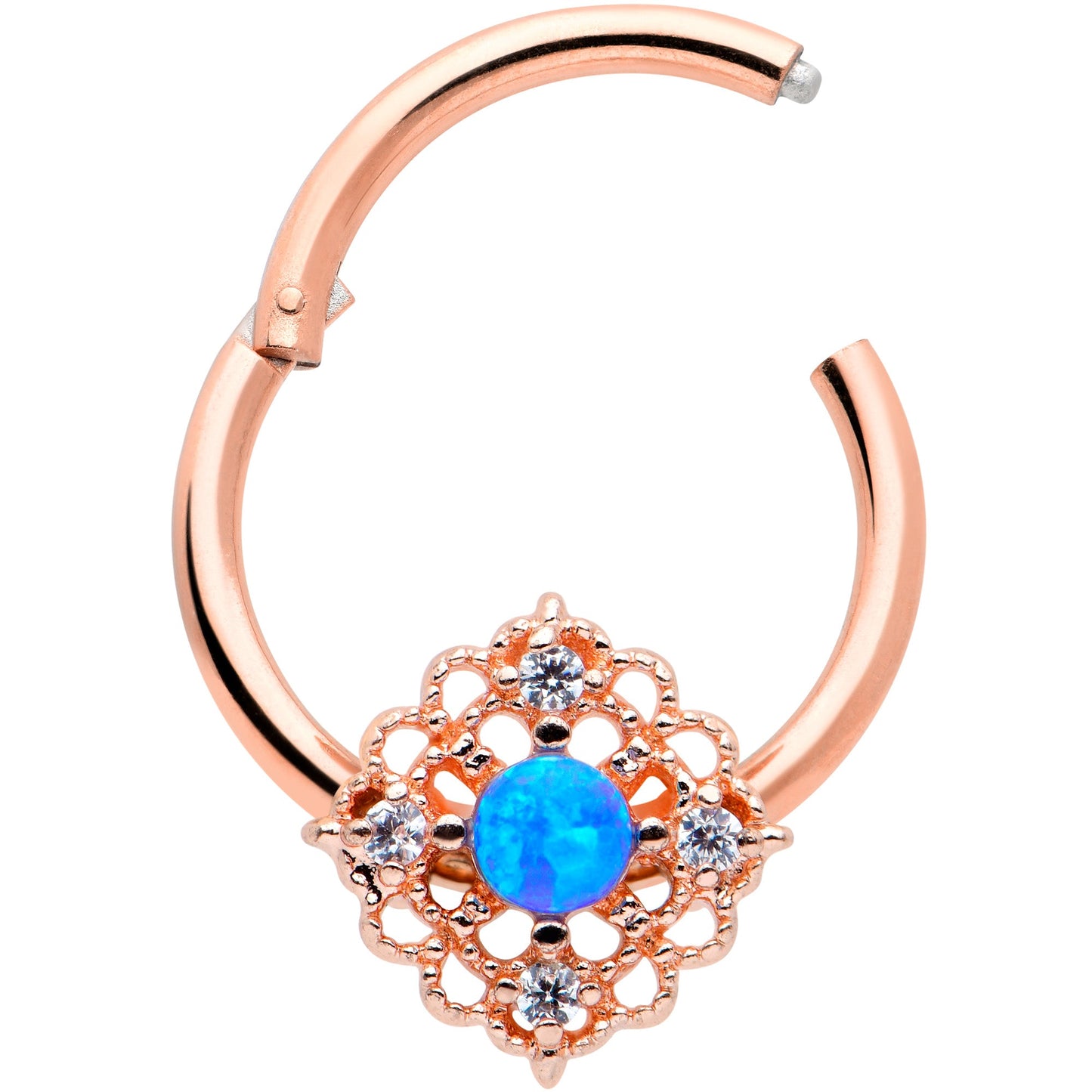 16G 3/8 Blue Synthetc Opal Rose Gold Hue Lacy Hinged Segment Ring