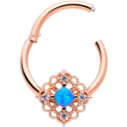 16G 3/8 Blue Synthetc Opal Rose Gold Hue Lacy Hinged Segment Ring