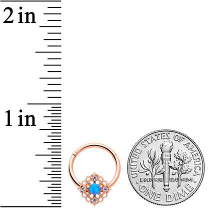 16G 3/8 Blue Synthetc Opal Rose Gold Hue Lacy Hinged Segment Ring