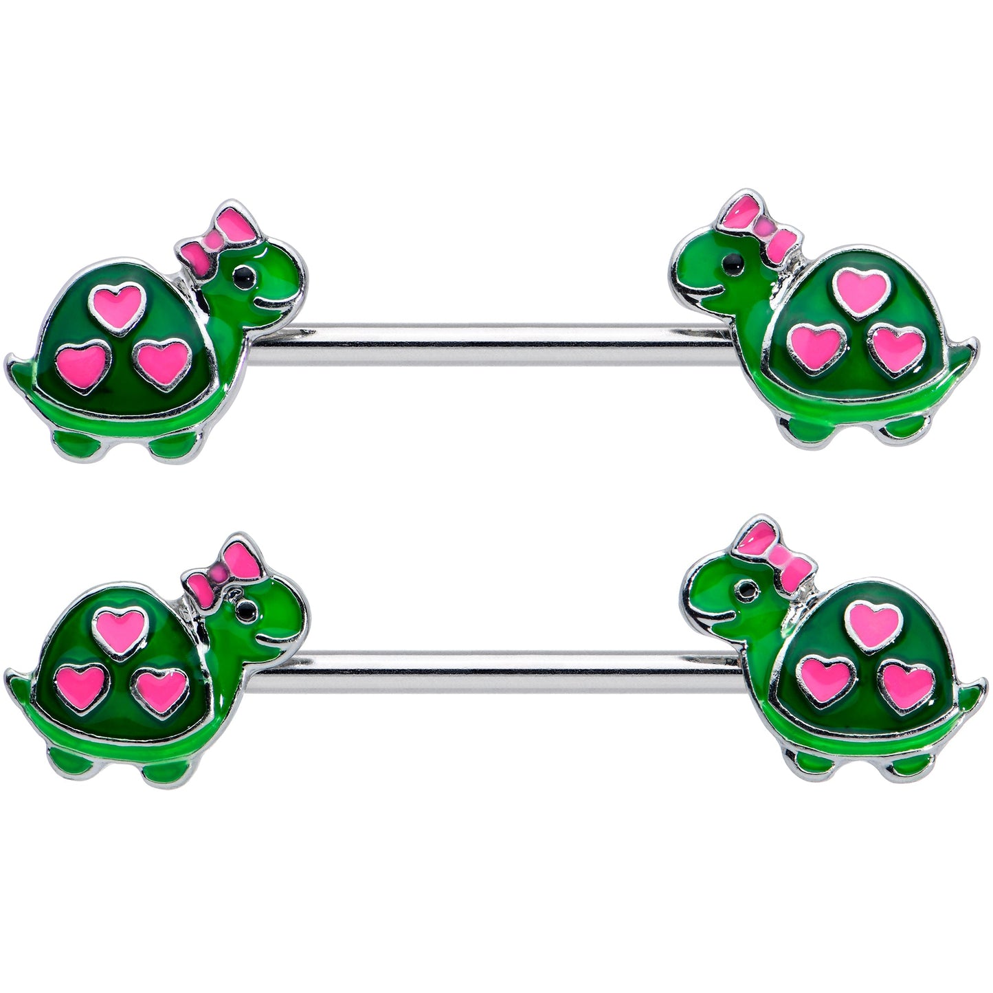 14G 9/16 Green Pink Bow Heart Turtle Barbell Nipple Ring Set