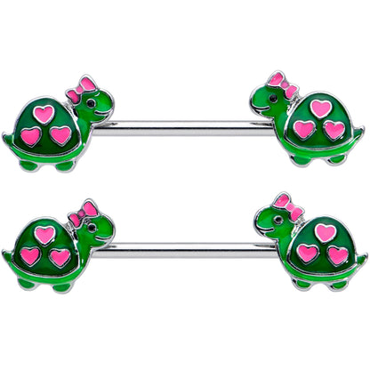14G 9/16 Green Pink Bow Heart Turtle Barbell Nipple Ring Set