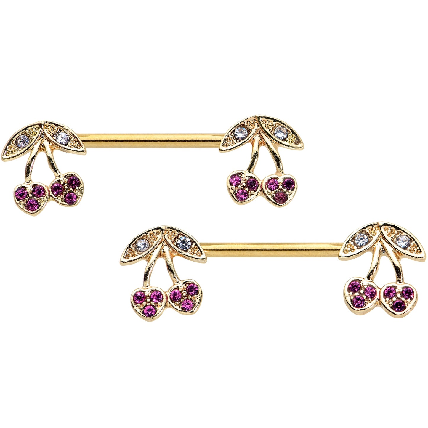 14G 9/16 Clear Purple Gem Gold Tone Very Cherry Nipple Ring Set