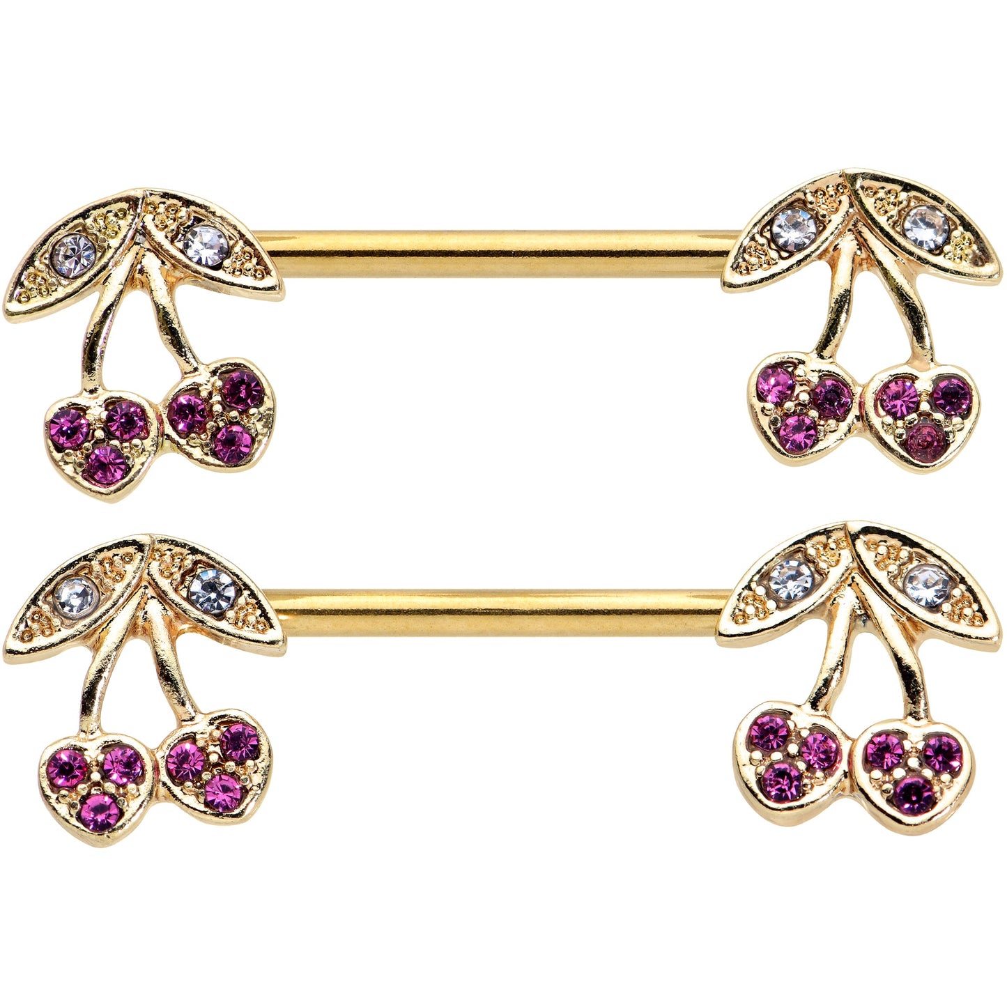 14G 9/16 Clear Purple Gem Gold Tone Very Cherry Nipple Ring Set