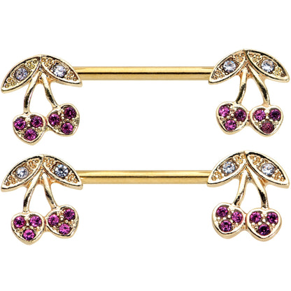 14G 9/16 Clear Purple Gem Gold Tone Very Cherry Nipple Ring Set