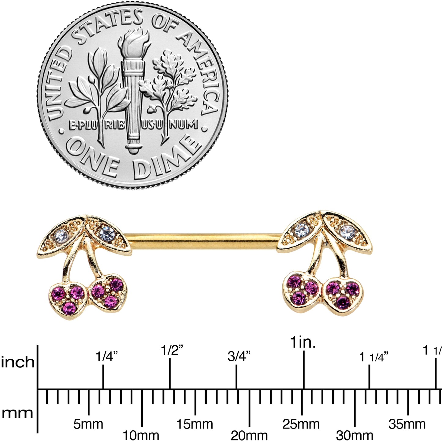 14G 9/16 Clear Purple Gem Gold Tone Very Cherry Nipple Ring Set