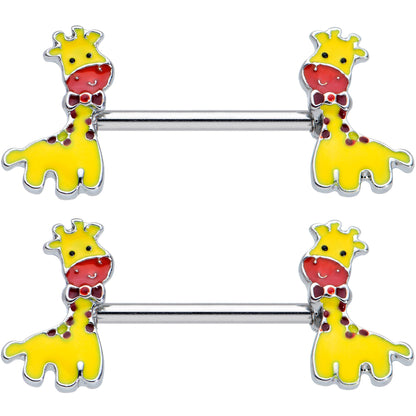 14G 9/16 Bow Tie Yellow Red Giraffe Barbell Nipple Ring Set