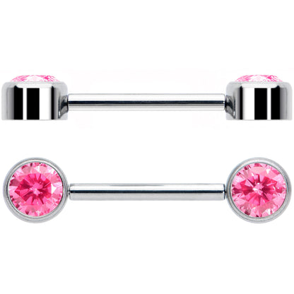 14G 9/16 Pink CZ Gem G23 Titanium Threadless Nipple Ring Set