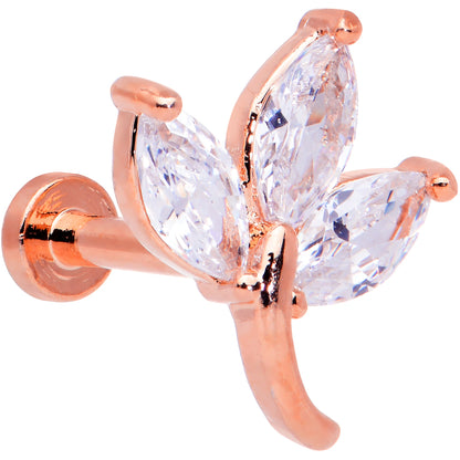 16G 1/4 Clear CZ Gem Rose Gold Tone Leaves Internal Thread Labret