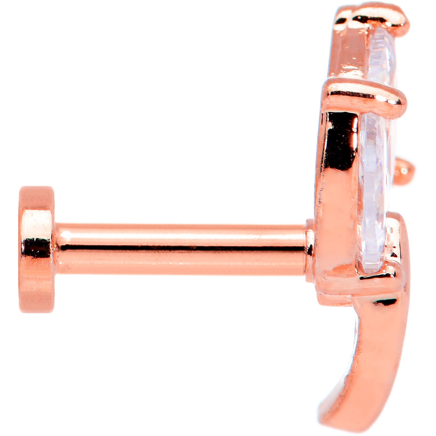 16G 1/4 Clear CZ Gem Rose Gold Tone Leaves Internal Thread Labret