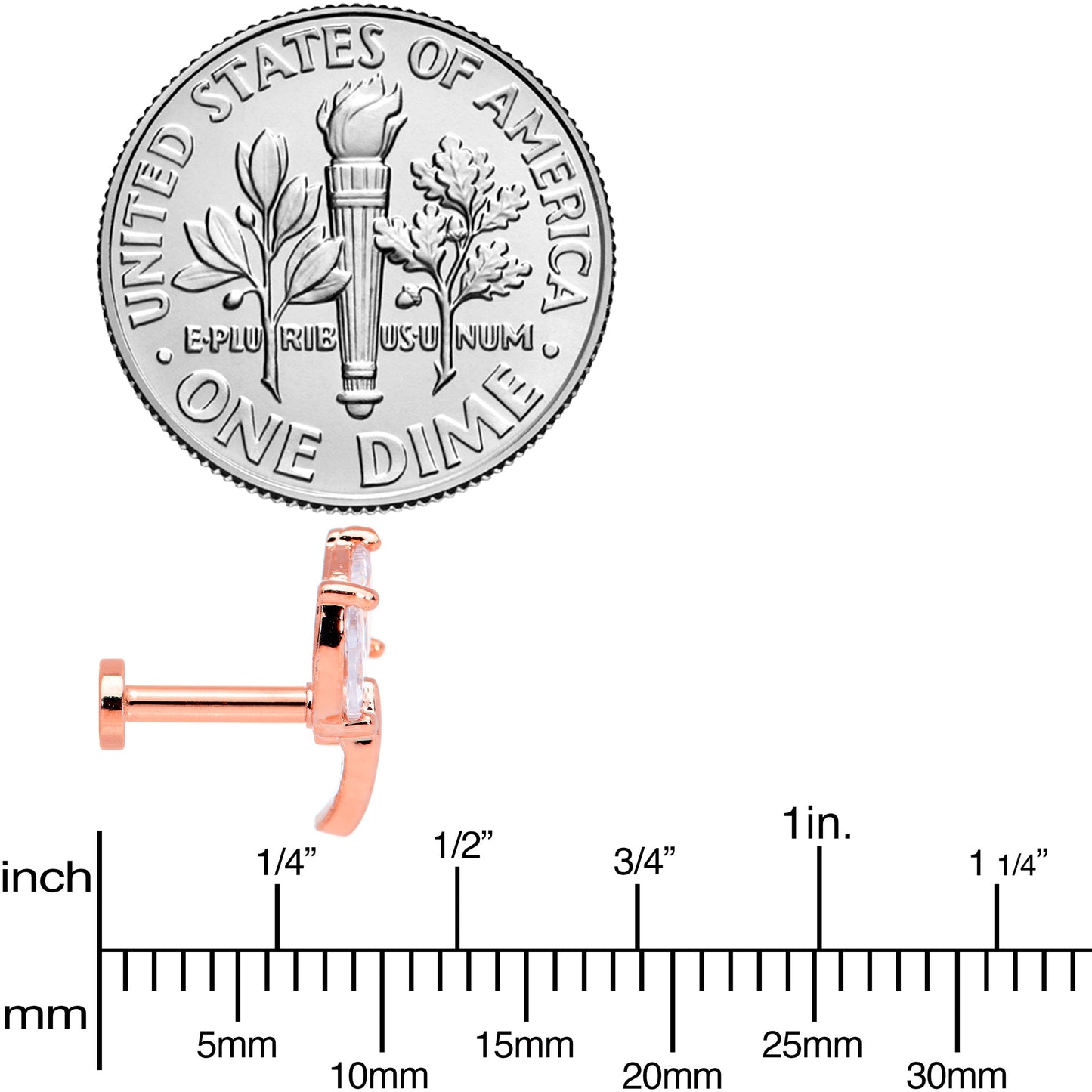 16G 1/4 Clear CZ Gem Rose Gold Tone Leaves Internal Thread Labret