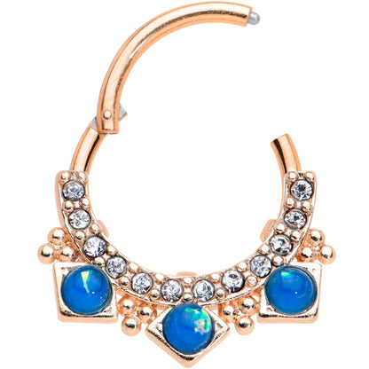 16G 3/8 Blue Faux Opal Rose Gold Tone Squares Hinged Segment Ring